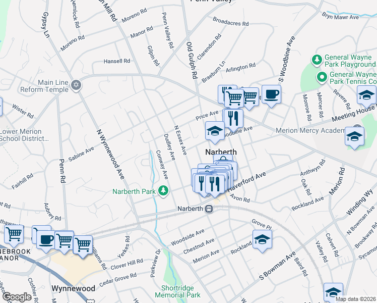 map of restaurants, bars, coffee shops, grocery stores, and more near 224 Forrest Avenue in Narberth