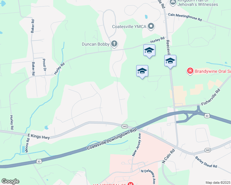 map of restaurants, bars, coffee shops, grocery stores, and more near 100 Schoolhouse Lane in Coatesville