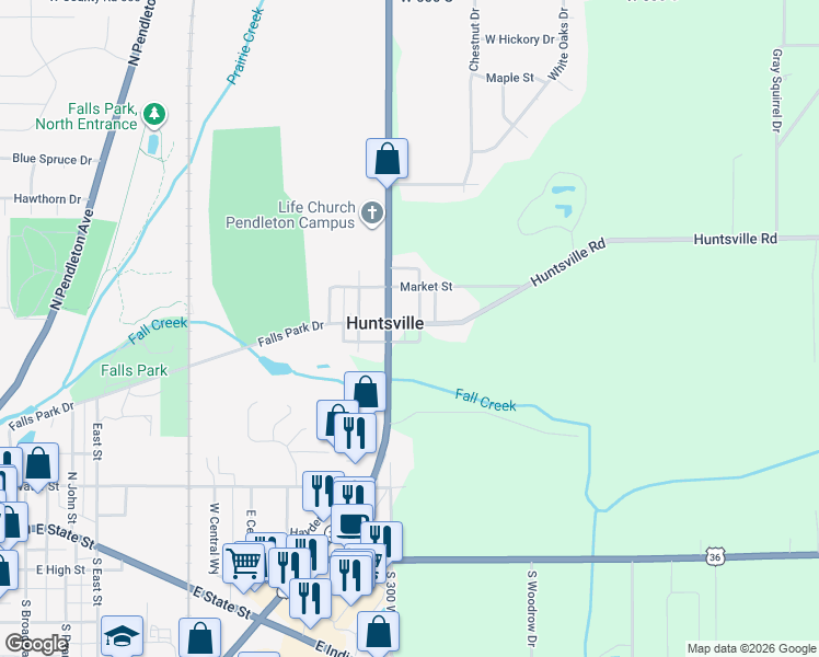 map of restaurants, bars, coffee shops, grocery stores, and more near 6712 South State Road 67 in Pendleton