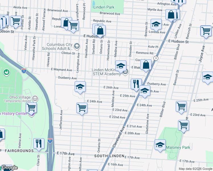 map of restaurants, bars, coffee shops, grocery stores, and more near 1232 East 26th Avenue in Columbus