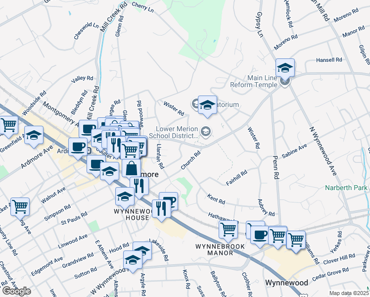 map of restaurants, bars, coffee shops, grocery stores, and more near 240 East Montgomery Avenue in Ardmore