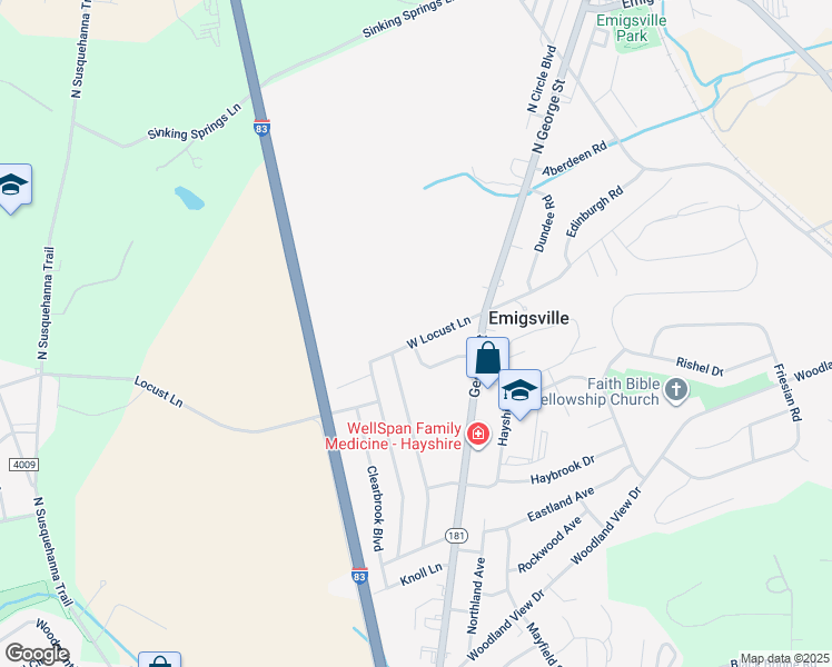 map of restaurants, bars, coffee shops, grocery stores, and more near 65 West Locust Lane in York