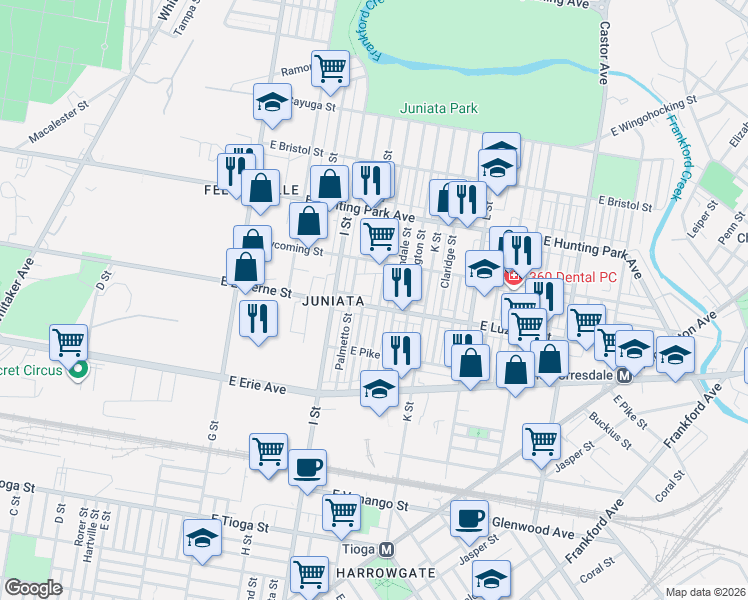 map of restaurants, bars, coffee shops, grocery stores, and more near 3955 J Street in Philadelphia