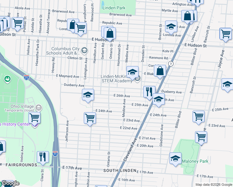map of restaurants, bars, coffee shops, grocery stores, and more near 1230 East 26th Avenue in Columbus
