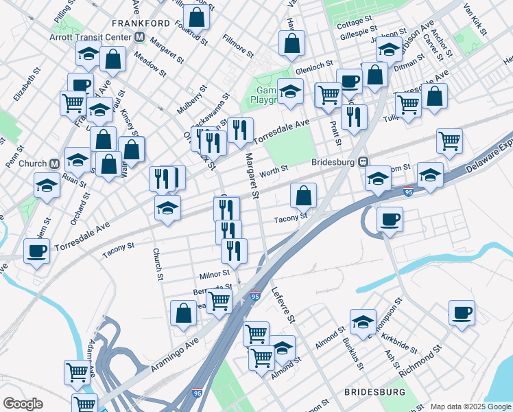 map of restaurants, bars, coffee shops, grocery stores, and more near 4670 James Street in Philadelphia