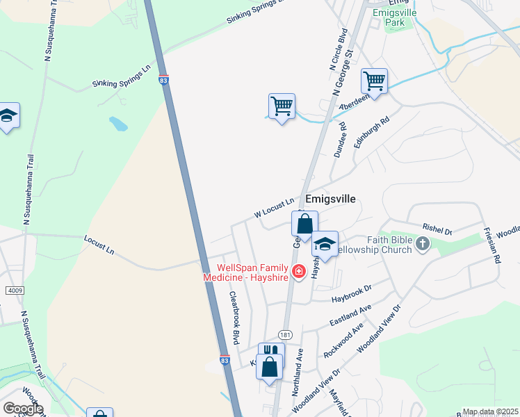 map of restaurants, bars, coffee shops, grocery stores, and more near 65 West Locust Lane in York