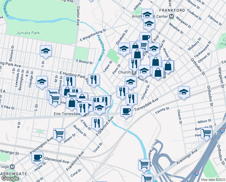 map of restaurants, bars, coffee shops, grocery stores, and more near 1547 Deal Street in Philadelphia