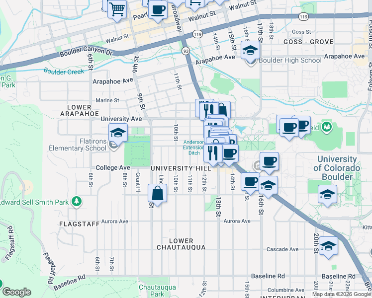 map of restaurants, bars, coffee shops, grocery stores, and more near 1161 11th Street in Boulder