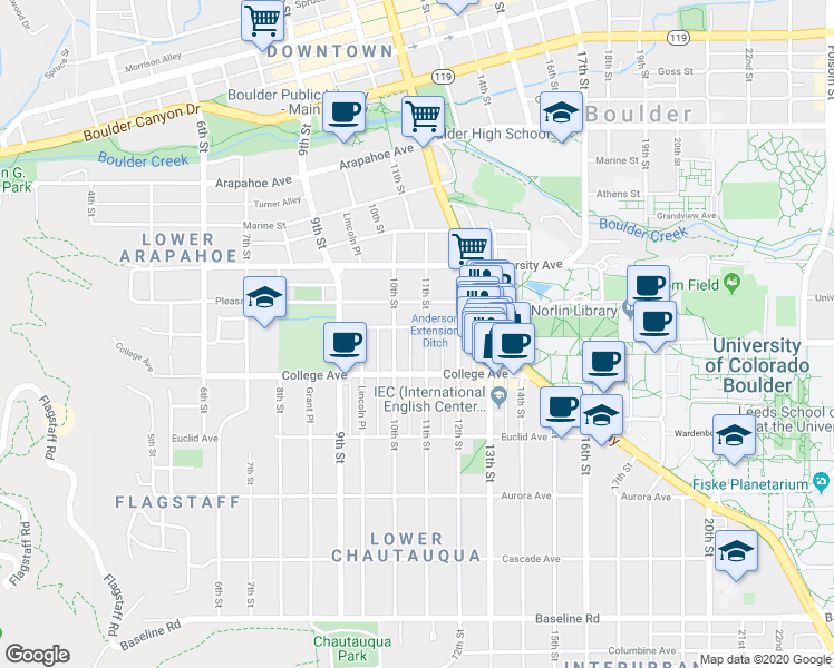 map of restaurants, bars, coffee shops, grocery stores, and more near 1131-1133 11th Street in Boulder
