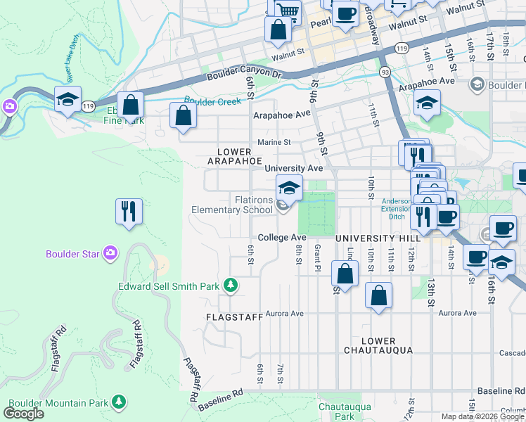 map of restaurants, bars, coffee shops, grocery stores, and more near 630 Pennsylvania Avenue in Boulder
