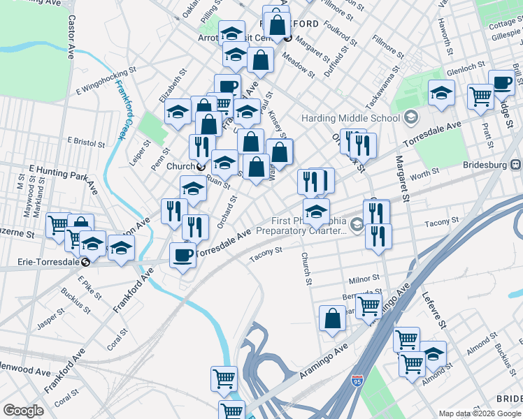 map of restaurants, bars, coffee shops, grocery stores, and more near 1946 Ruan Street in Philadelphia