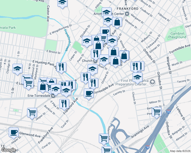 map of restaurants, bars, coffee shops, grocery stores, and more near 4171 Paul Street in Philadelphia