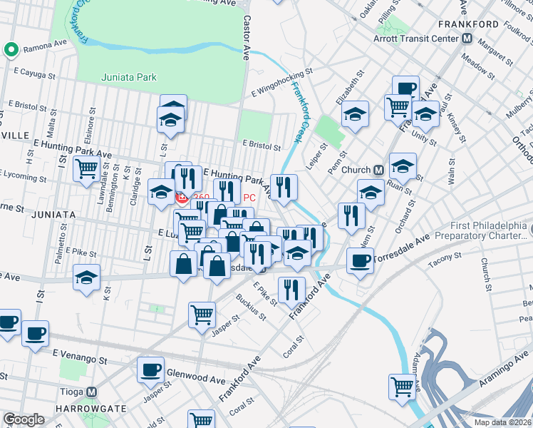 map of restaurants, bars, coffee shops, grocery stores, and more near 1617 Worrell Street in Philadelphia