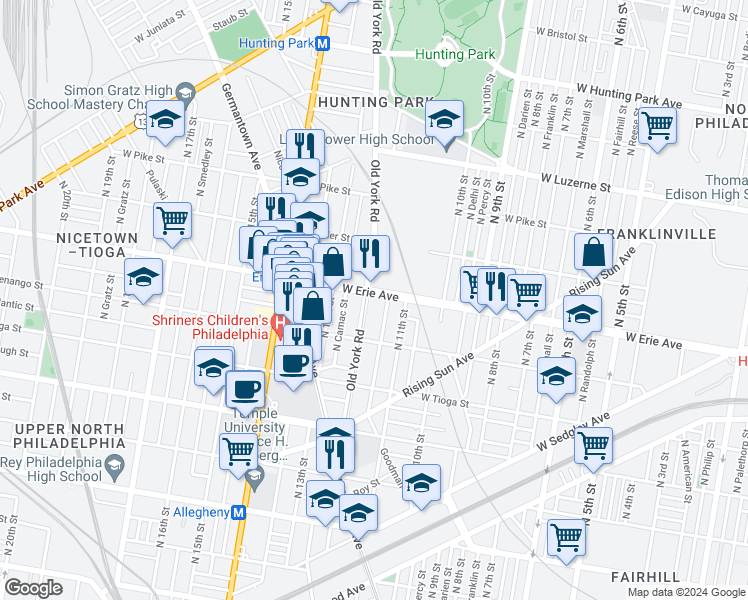 map of restaurants, bars, coffee shops, grocery stores, and more near 3638 North Marvine Street in Philadelphia