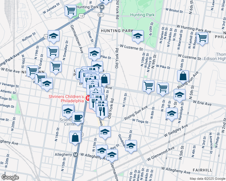 map of restaurants, bars, coffee shops, grocery stores, and more near 3635 North Camac Street in Philadelphia