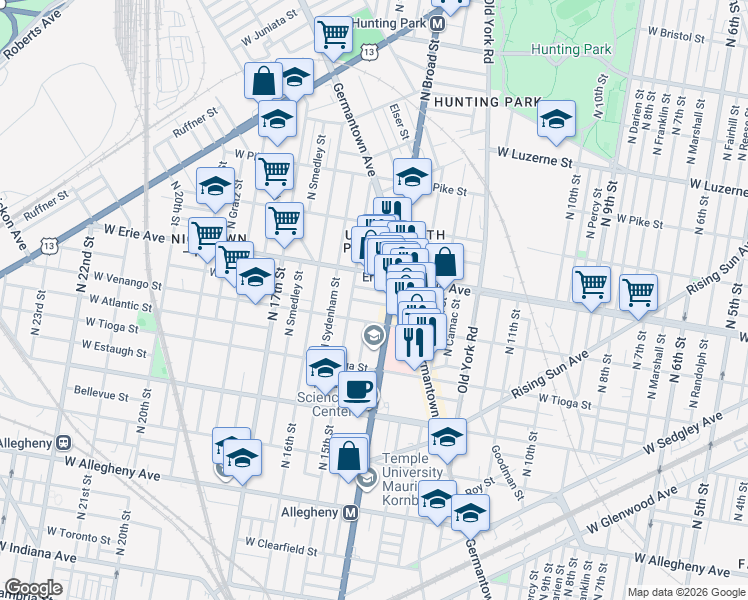 map of restaurants, bars, coffee shops, grocery stores, and more near 3619 North Broad Street in Philadelphia