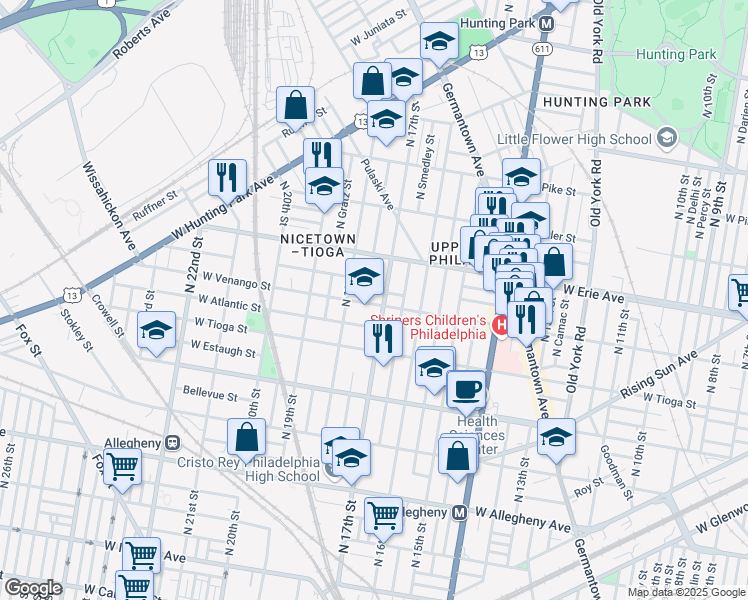 map of restaurants, bars, coffee shops, grocery stores, and more near 1722 West Venango Street in Philadelphia