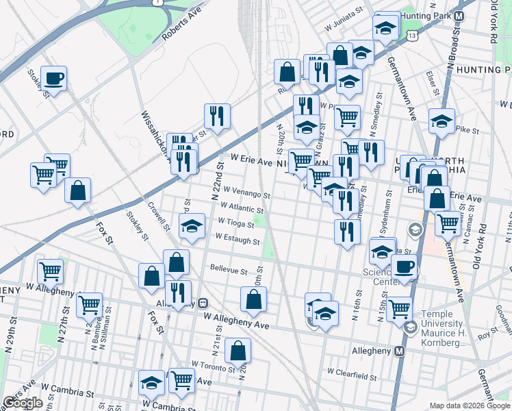map of restaurants, bars, coffee shops, grocery stores, and more near 2001 West Tioga Street in Philadelphia