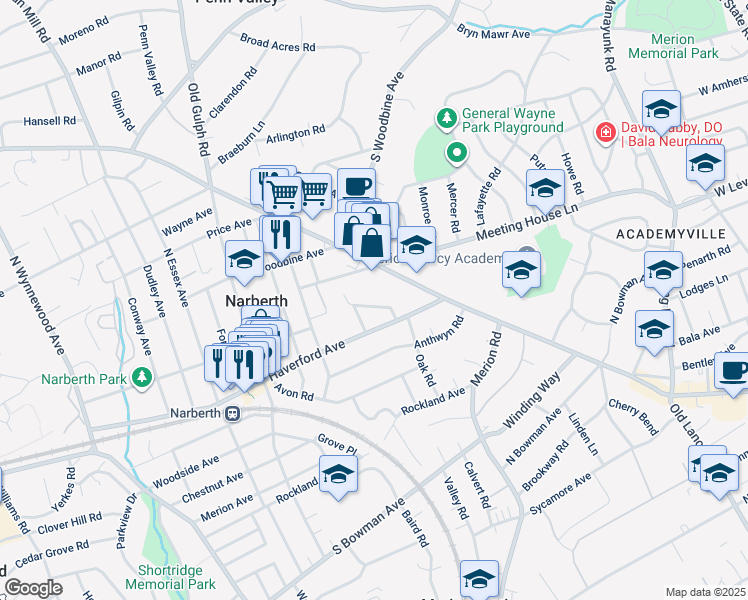 map of restaurants, bars, coffee shops, grocery stores, and more near 509 Haverford Avenue in Narberth