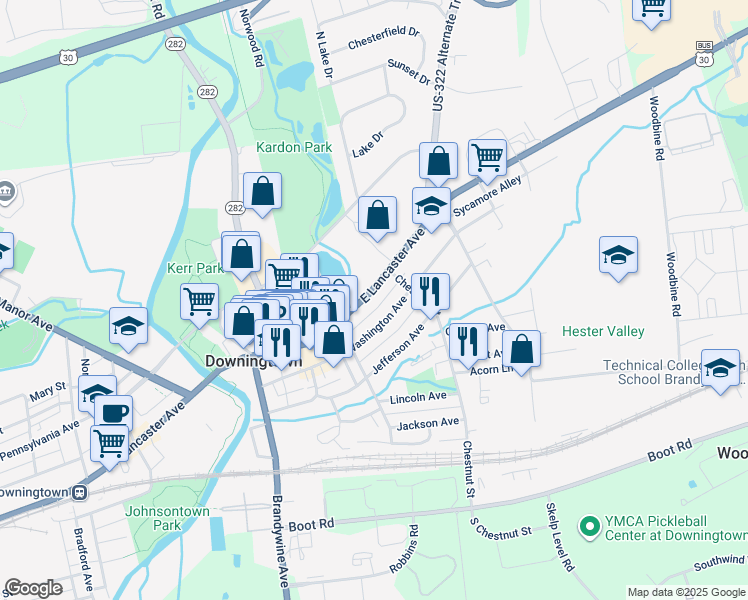 map of restaurants, bars, coffee shops, grocery stores, and more near 343 Washington Avenue in Downingtown