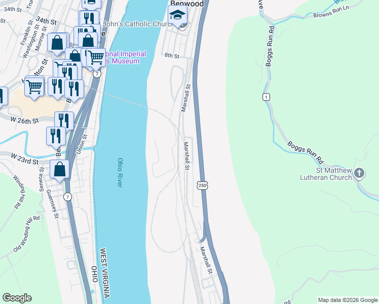 map of restaurants, bars, coffee shops, grocery stores, and more near 1301-1399 Marshall Street in Benwood