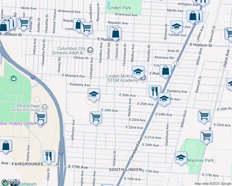 map of restaurants, bars, coffee shops, grocery stores, and more near 1195 East 26th Avenue in Columbus