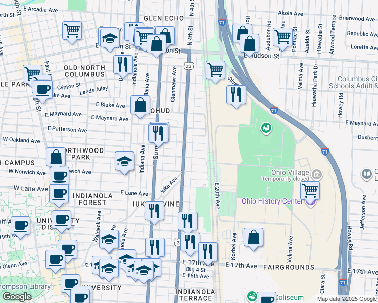map of restaurants, bars, coffee shops, grocery stores, and more near in Columbus