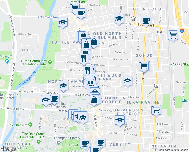 map of restaurants, bars, coffee shops, grocery stores, and more near 39 East Northwood Avenue in Columbus