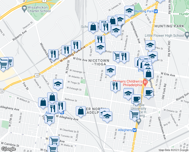 map of restaurants, bars, coffee shops, grocery stores, and more near 1908 West Venango Street in Philadelphia