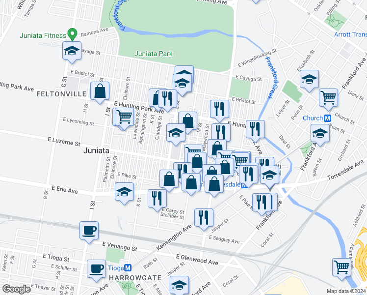 map of restaurants, bars, coffee shops, grocery stores, and more near 4043 Dungan Street in Philadelphia