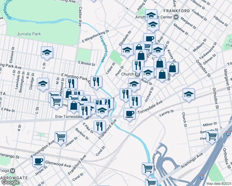 map of restaurants, bars, coffee shops, grocery stores, and more near 1547 Deal Street in Philadelphia