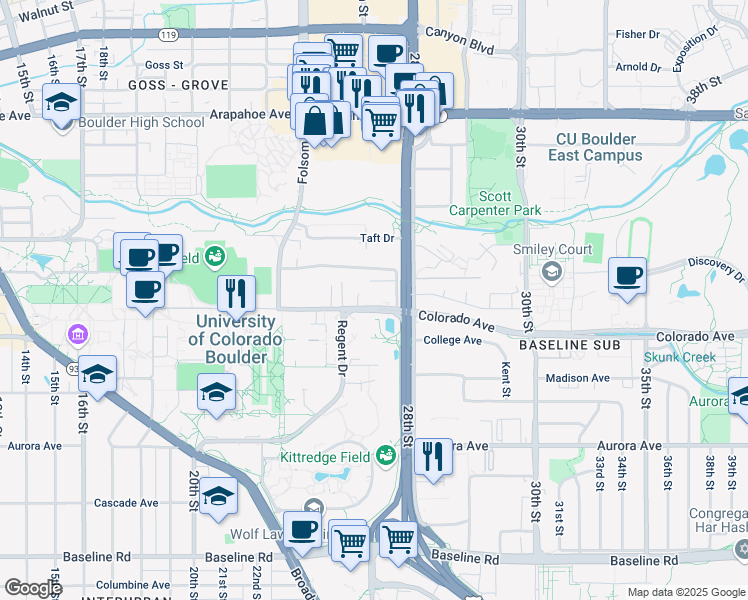 map of restaurants, bars, coffee shops, grocery stores, and more near 2705 Colorado Avenue in Boulder