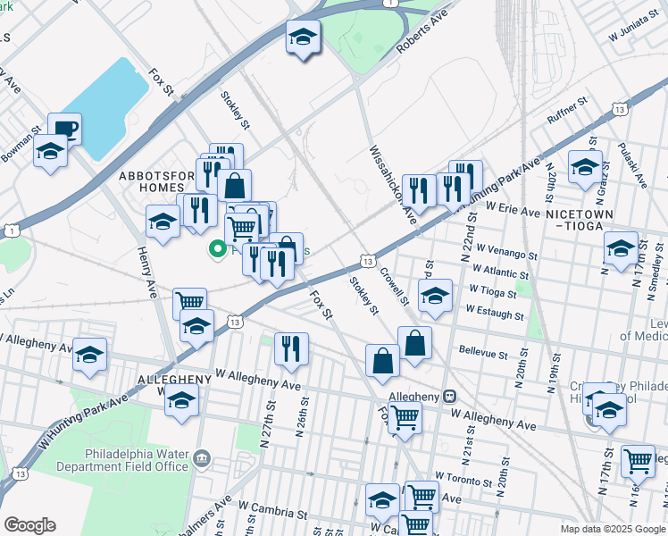 map of restaurants, bars, coffee shops, grocery stores, and more near 2613 West Hunting Park Avenue in Philadelphia