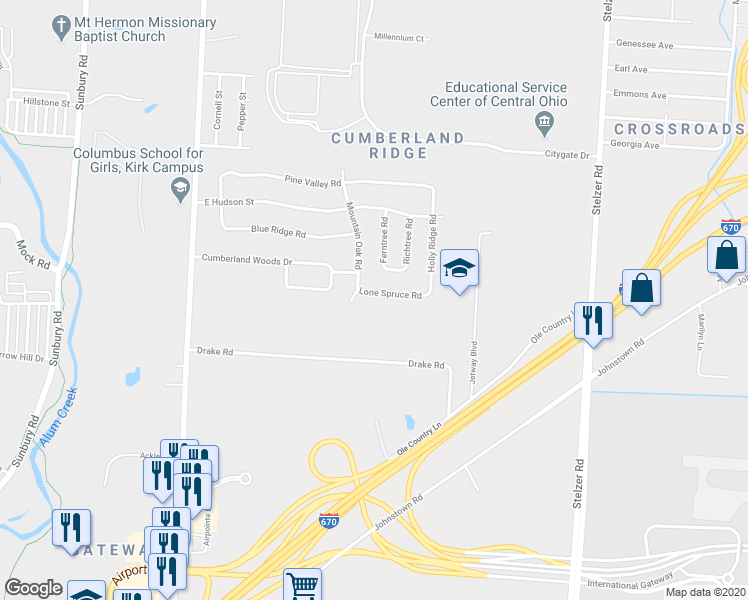 map of restaurants, bars, coffee shops, grocery stores, and more near 3255 Lone Spruce Road in Columbus