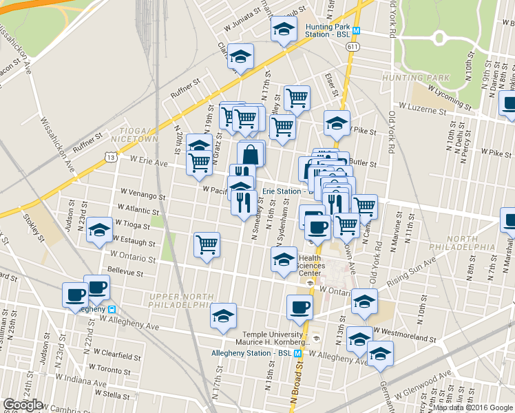 map of restaurants, bars, coffee shops, grocery stores, and more near 1624 Victoria Street in Philadelphia