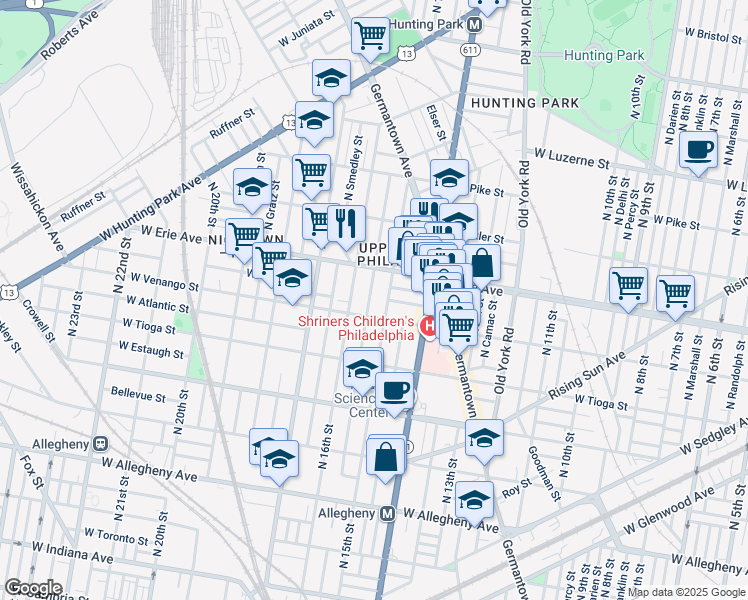 map of restaurants, bars, coffee shops, grocery stores, and more near 3625 North Sydenham Street in Philadelphia