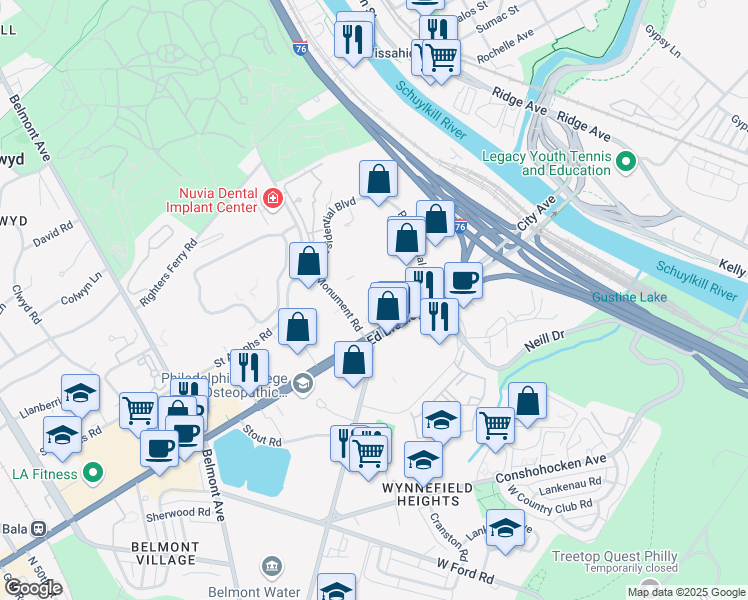 map of restaurants, bars, coffee shops, grocery stores, and more near 401 East City Avenue in Bala Cynwyd