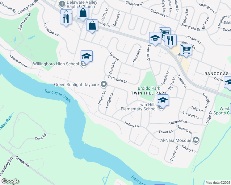 map of restaurants, bars, coffee shops, grocery stores, and more near 25 Thornleigh Place in Willingboro