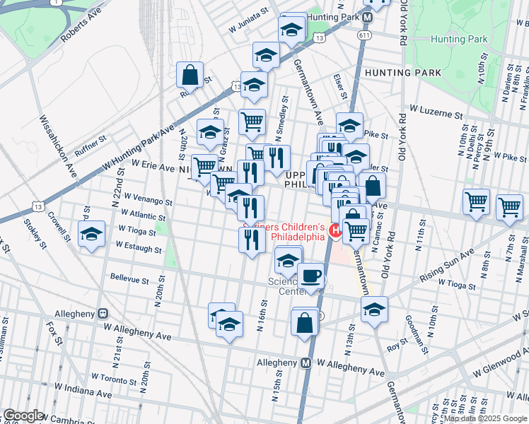 map of restaurants, bars, coffee shops, grocery stores, and more near 1624 Victoria Street in Philadelphia