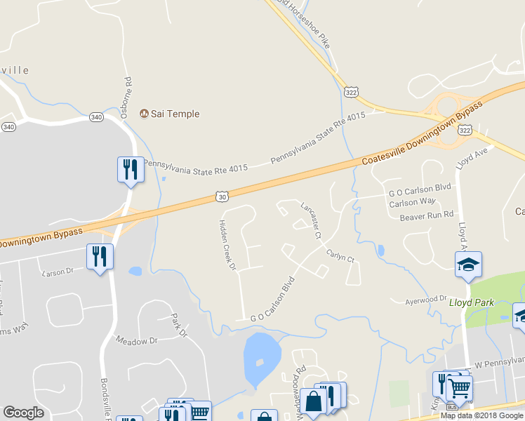 map of restaurants, bars, coffee shops, grocery stores, and more near 300 Hidden Creek Drive in Downingtown