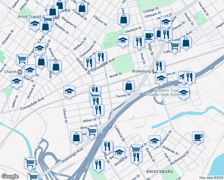 map of restaurants, bars, coffee shops, grocery stores, and more near 2230 Margaret Street in Philadelphia