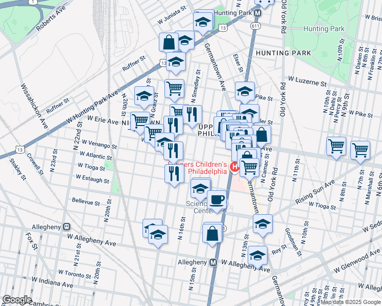 map of restaurants, bars, coffee shops, grocery stores, and more near 3610 North 16th Street in Philadelphia