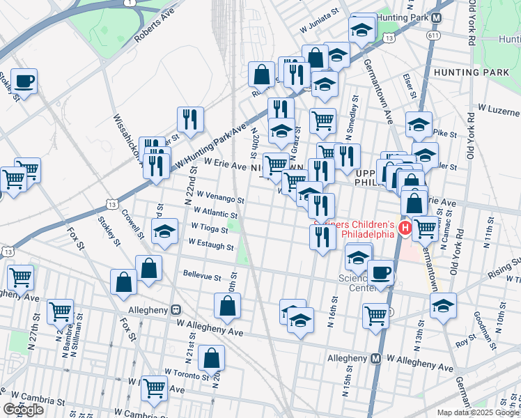 map of restaurants, bars, coffee shops, grocery stores, and more near 1918 West Venango Street in Philadelphia