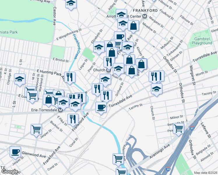 map of restaurants, bars, coffee shops, grocery stores, and more near 4171 Paul Street in Philadelphia