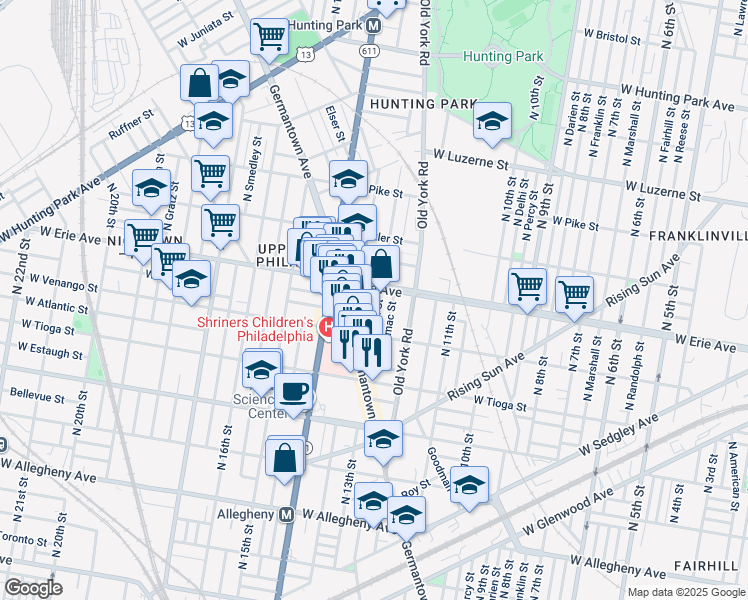 map of restaurants, bars, coffee shops, grocery stores, and more near 3650 North 13th Street in Philadelphia