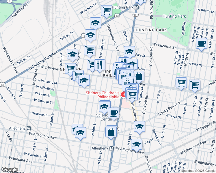 map of restaurants, bars, coffee shops, grocery stores, and more near 3627 North Sydenham Street in Philadelphia