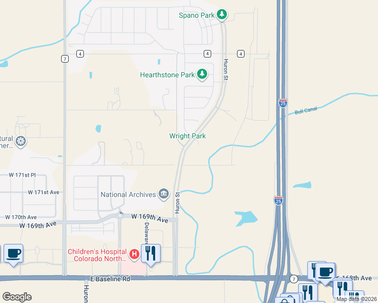 map of restaurants, bars, coffee shops, grocery stores, and more near 17200 Huron Street in Dacono