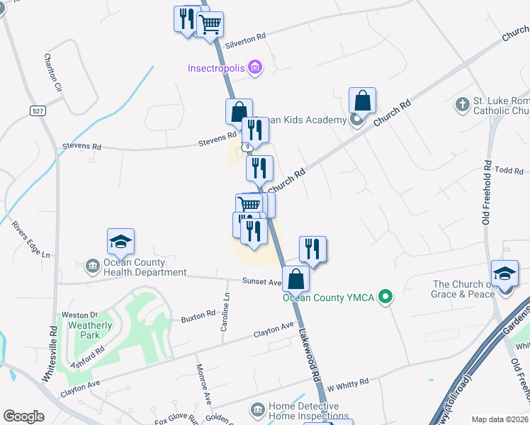 map of restaurants, bars, coffee shops, grocery stores, and more near 1603 U.S. 9 in Toms River