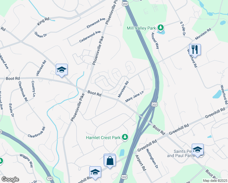 map of restaurants, bars, coffee shops, grocery stores, and more near 1212 Longford Drive in West Chester
