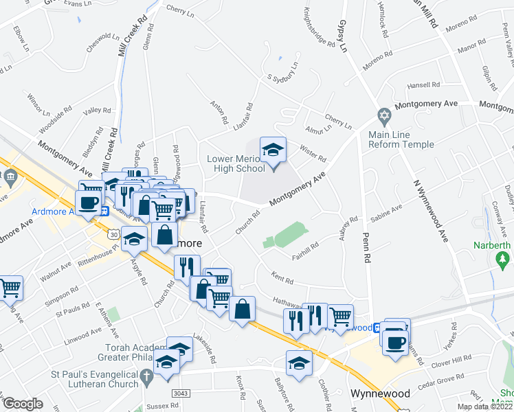 map of restaurants, bars, coffee shops, grocery stores, and more near 277 East Montgomery Avenue in Ardmore